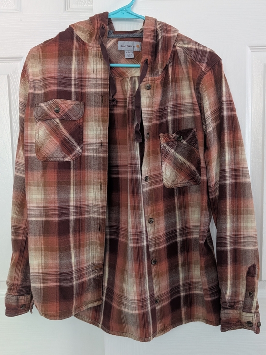 Carhartt Sweaters - Carhartt Womens Plaid Hooded Shirt Jacket in Rust and Cream